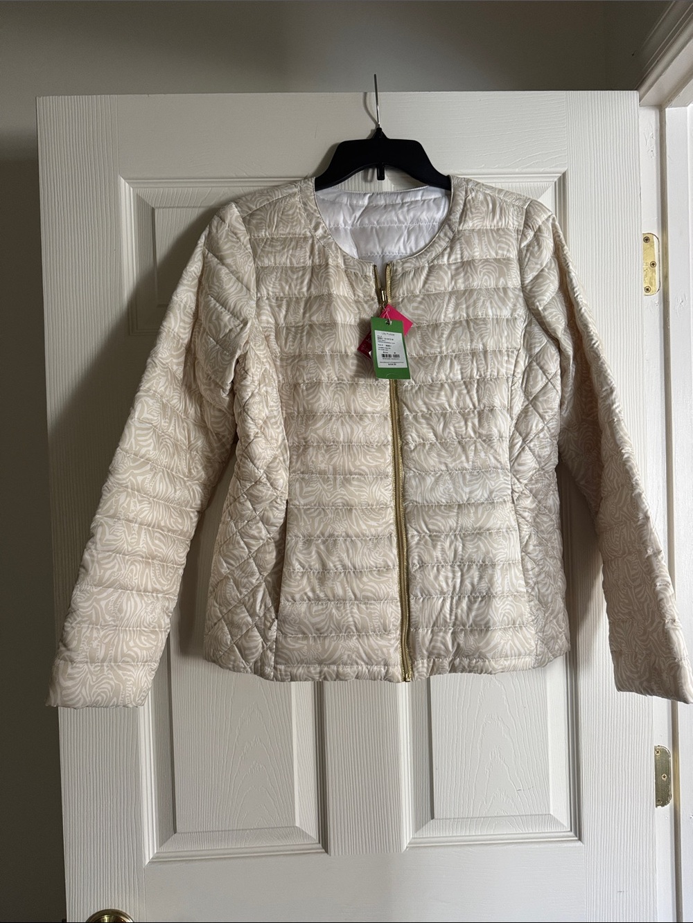 Lilly Pulitzer Cream Quilted Puffer Jacket with Gold Zip
